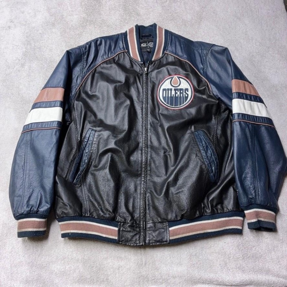Vintage 90s Edmonton Oilers Leather Varsity Jacket NHL Embroidered Logo Men 2XL